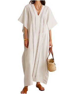 Miguelina Brea Crochet And Linen Kaftan ivory natural size M medium coverup